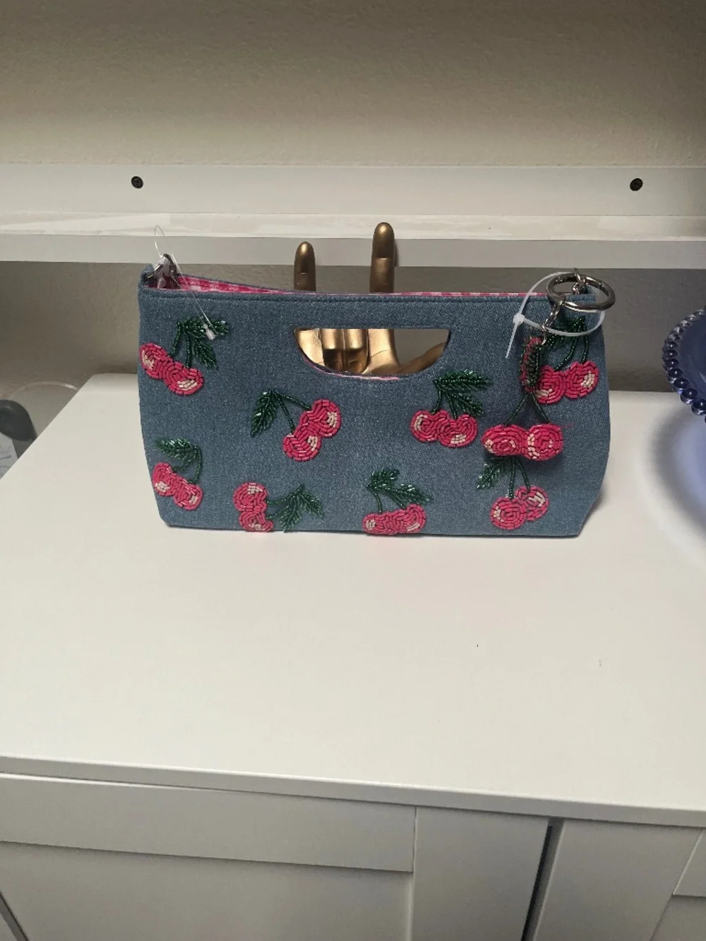 🍒 Handcrafted in India Denim Cherry Beaded Bag – NWT